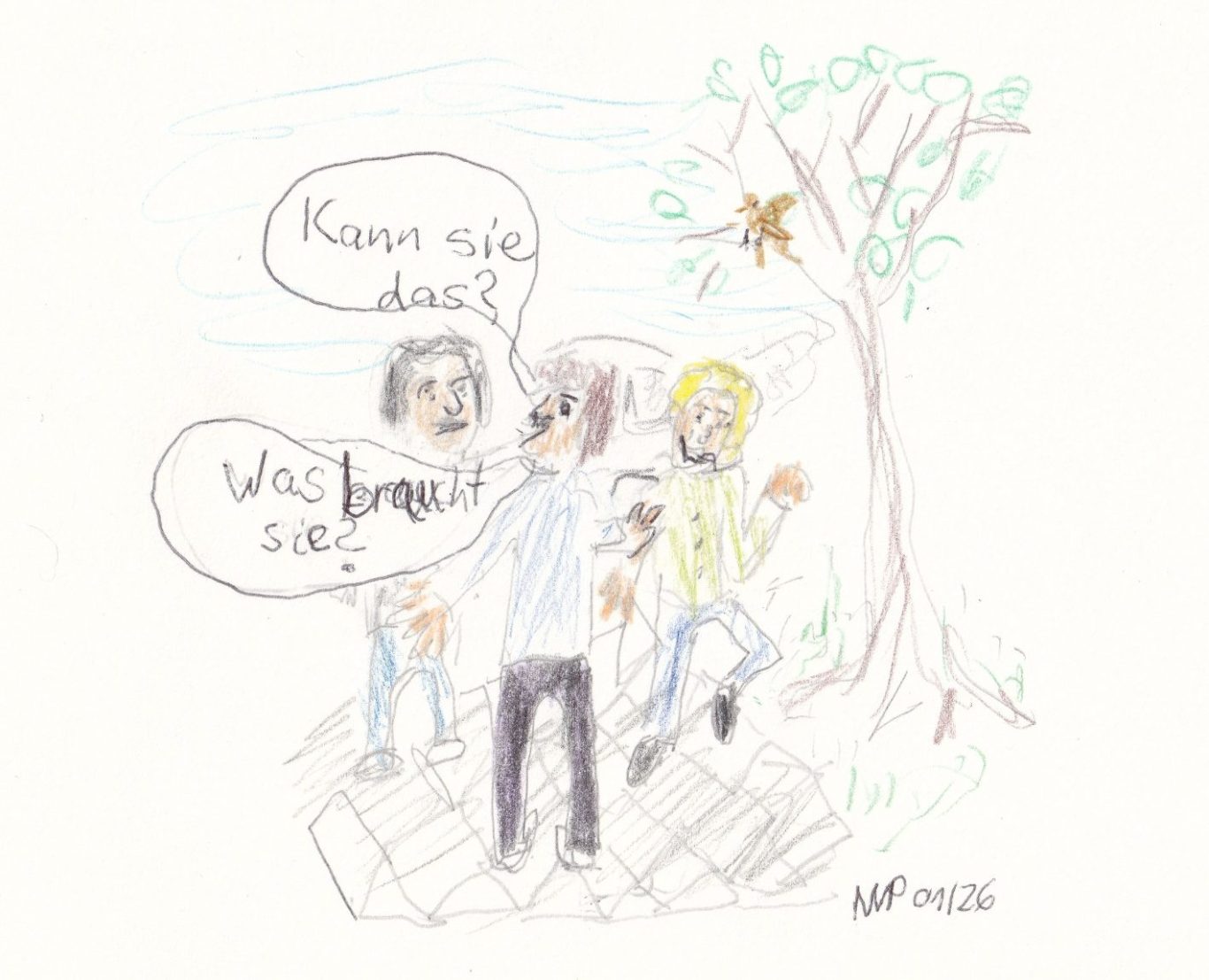 Cartoon. Eine Person mit Behinderung mit Assistenz trifft auf einen Fremden. Dieser fragt die Assistenz: "Kann sie das?", "Was braucht Sie?"